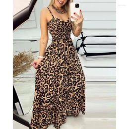 Casual Dresses Wepbel Leopard Print Camis Dress Women V-neck Brace Elasticity High-Waisted Summer Sexy Fashion Sleeveless Maxi Long