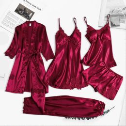 Pyjama Set Women Lace Trim Satin Sleepwear Pyjamas Pour Femme Summer Nightwear With Pants Casual Home Wear Kimono Robe Gown PJS