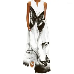 Casual Dresses Summer Elegant Women's Retro Loose V-neck Sleeveless Fashion Butterfly Print White Pocket Long Dress Vestidos 2024 S-5XL