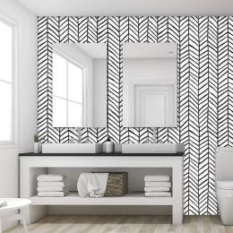 Self Adhesive Peel and Stick Stripes Herringbone Wallpaper Black White Vinyl Contact Paper Rolls For Room Furniture Renovation