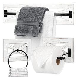 Storage Boxes Farmhouse Bathroom Towel Bar Set Wall Mount Wood & Metal Paper Holder Combo