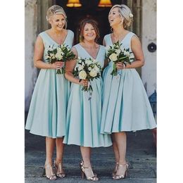 Baby Blue V Neck Bridesmaid Dresses Mermaid Tea Length Wedding Party Dress For Women Vestido De Festa 283B