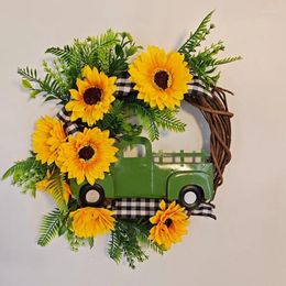 Decorative Flowers Artificial Sunflower Wreath With Truck For Front Door Yellow Floral Welcome Sign Wall Home Decoration