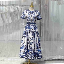 Basic Casual Dresses Womens Blue and White Porcelain Print Fit Flare Dresscdac