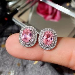 Stud Earrings Huitan Luxury Pink CZ Oval Shaped Bling Women's Accessories For Party Delicate Statement Jewellery