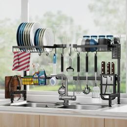 GSlife Over The Sink Dish Drying Rack - Length Adjustable 33.6-39.6 Dish Drainer Drying Rack with 3 Multiple Baskets 240522