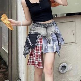 Skirts 2024 Ladies Irregular Design Plaid Stitching Spice Girl Denim Skirt Fashionable High Waist Versatile Button