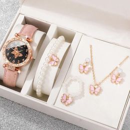 Wristwatches Pink Pearl Butterfly Watches For Women Fashion Rhinestone Casual Bracelet Watch Simple Female Clock Ladies Quartz