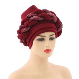 African Headtie Sequin Braid Hat for Women Pleated Headwrap Hat Arab Wrap Muslim Scarf Hijabs Hair Auto Gele Readymade To Wear