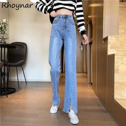 Women's Jeans Women Front Split High Waist All-match Loose Straight Blue Washed Pockets Harajuku Denim Ladies Korean Style Fashion Cozy