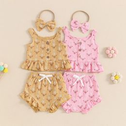 Clothing Sets Baby Girl 3 Piece Summer Set Floral Print Ruffled Tank Tops Elastic Waist Shorts Bow Headband Born Toddler Outfits