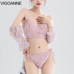 Women's Swimwear VigoAnne 2024 Pink Sexy Women Lace Push UP Off Shoulder Bikini Set Korean Swimsuit Backless Cross Hollow Bathing Suit