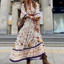 Casual Dresses Summer Bohemian Print Maxi Dress Fashion Versatile V-neck Long-sleeved Temperament Elegant And Pretty Women's