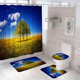 Shower Curtains Natural Scenery Country Curtain Set Non-Slip Rugs Toilet Lid Cover Bath Mat Blue Sky Tree Rustic Flower Bathroom