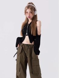 Deeptown Y2k Kpop Black Crop Tops Women Korean Fashion Streetwear Zipper T Shirts Off Shoulder Tees Aesthetic Grunge Cardigans 240524