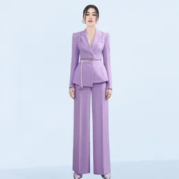 Women's Two Piece Pants AI NI YA Fashion Business Commuting Professional Set Pearl Flower Waist Chain Purple Suit Coat Wide Leg