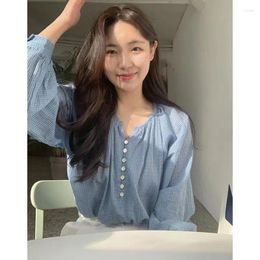 Women's Blouses Clothland Women Stylish Plaid Blouse Chequered Long Sleeve Loose Style Shirt V Neck Oversized Tops Blusa LA804