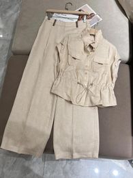 Women's Two Piece Pants 2024 Spring Summer Khaki Linen High Necked Drawstring Waistband Camisole Sleeve Top Waisted Loose Set Of