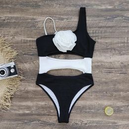 Women's Swimwear Sexy White Black Patchwork Women 3D Floral Designer Hollow Out Thong Bikini Bathing Suit Backless One Piece Swimsuit