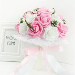 Yo cho bridal Hochzeitsstrauß Brautjungfer künstlicher Pe Rose Blume gefälschte Perle Pink Bouquet Hochzeitsbedarf Festival Dekorationen