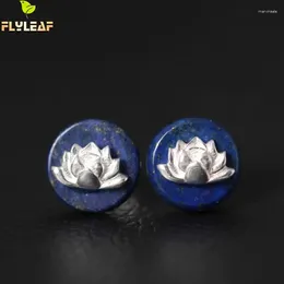 Stud Earrings 925 Sterling Silver Lapis Lazuli Lotus Flower Ethnic Style Elegant Lady Prevent Allergy Sterling-silver-jewelry