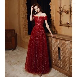 Party Dresses Wine Red Evening Dress For Women Summer One Shoulder Immortal Qi Starry Sky Chorus Performance Gauze
