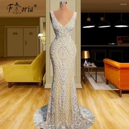Party Dresses Dubai Ivory And Champagne Mermaid Evening Luxury V Neck Lace Beaded Prom Formal Dress For Women Wedding Gowns