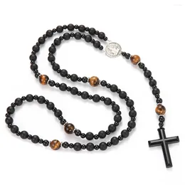 Pendant Necklaces Lava Stone Black Obsidian Yellow Tiger-eye Beads Cross Y Necklace For Men