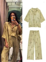 Women's Two Piece Pants 2024 Summer Linen Print Long Sets For Women Suit Elegant Shirts Drawstring Wide Leg Pant 2 Pieces Set Female Casual