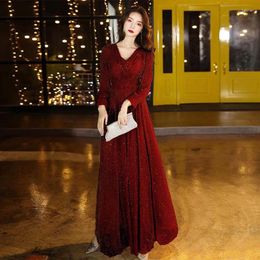 Party Dresses Burgundy Fashion Evening Dress Simple V-Neck Full Sleeve Floor-Length A-Line Zipper Back Plus Size Women Formal Gown C1657