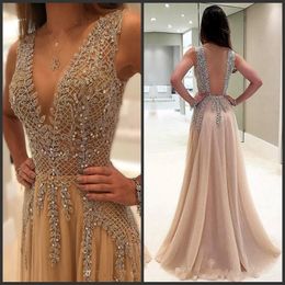 Luxury Beadings Crystals Sequined Deep V Neck Prom Evening Dresses Long Lace Applique Backless Formal Dresses Evening Gowns Vestidos 288H