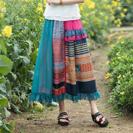 Skirts Vintage Chic Fashion Women Floral Print Beach Bohemian Pleated Skirt Rayon Cotton High-Waisted Boho Maxi Femme 6126