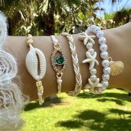 Strand 5pcs/set Bohemian Imitation Pearl Stone Bracelets For Women Ethnic Style Shell Beaded Bangles Summer Beach Jewellery 26165