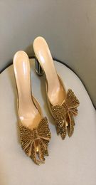 2021 women Ladies Genuine real leather Rhinestone high heels sandals summer Flip-flops slipper slip-on wedding dress shoes diamond Ballots 3D bowtie gold3055089