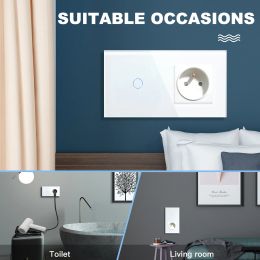 BSEED 1/2/3Gang Touch Switches 1Way Wall Light Switch With French Sockets USB Type-c Interfaces Glass Panel Blue Backlight