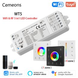 Tuya WT5 RGBCCT Controller 12-24V DC 5 in 1 Dimmer CCT RGB RGBW LED Strip Light Glass Touch Panel 2.4G RF Wifi Controller
