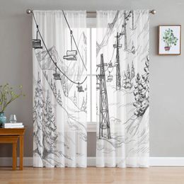 Curtain White Snow Cable Car Ski Mountain Sketch Sheer Curtains For Living Room Decoration Window Kitchen Tulle Voile