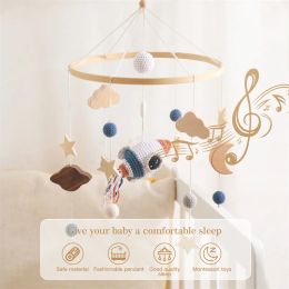 Baby Wooden Bed Bell 0-12 Months Soft Felt Crochet Rocket Rainbow Rattles Toy Newborn Music Holder Bracket Infant Crib Toy Gifts