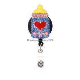 Key Rings Fashion Bling Rhinestone Medical Nurse Baby Bottle Yoyo Id Holder Red Enamel Love Heart Shape Nursing Retractable Badge Re Dhppk