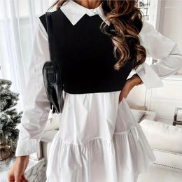 Casual Dresses Women Long Sleeve Mini Shirt Dress 2024 Autumn Winter Turn-down Collar Patchwork Elegant Office Ladies Vestidos