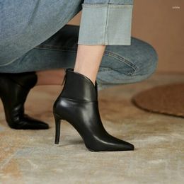 Boots Brand Design Solid Black Pointed Toe Women Heels Sewing Concise Office Ladies Shoes Zipper Booties For Comfortable