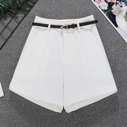 Women's Shorts 2024 Summer A-line Pleated High Waist Wide Leg Black White Chic Short Pants Elegant Fashion Office Lady With Belt
