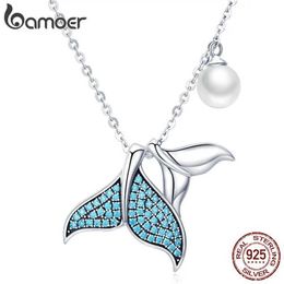 Pendant Necklaces Bamoer 925 Sterling SiLVer Blue Mermaid Tail Pendant Necklace High Quality Shell Pearl Beads Womens Exquisite Jewellery Wedding Gift d240525