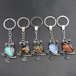 Natural Stone Chain Keychain Charm Owl Keychain Pendant Tiger Eye Opel Labrador Ruby Turquoise Animal Keychain Jewellery 240521