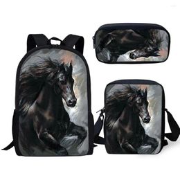 Backpack Creative Fashion Friesian Horse 3D Print 3pcs/Set Pupil School Bags Laptop Daypack Inclined Shoulder Bag Pencil Case