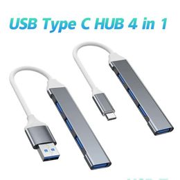 Usb Hubs Mini Type C Hub 4 Ports Adapter 3.0 Mti Splitter 4In1 Docking Station Tra Slim Super Speed Aluminum For Computer Laptop Pc Dr Otl3R