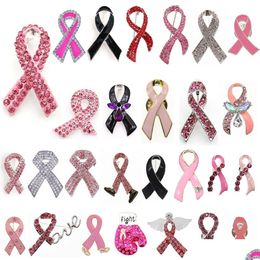 Pins Brooches 50 Pcs/Lot Custom Hospital Pink Ribbon Breast Cancer Awareness Rhinestone Enamel Medical For Nurse Doctor Gift Drop D Dholb