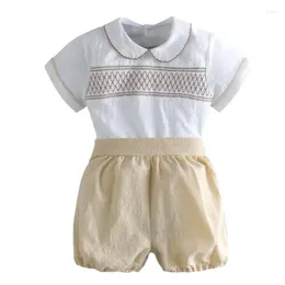 Clothing Sets 2024 Children's Set For Kids Boys Children Baby Handmade Smocked Shirt Plain Shorts Boy Elegant Boutique Outfits Clothes