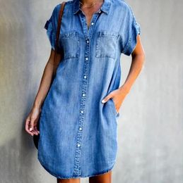 New Casual Dresses Summer T Shirt Dress Single Breasted Denim Women's Loose Pocket Office Short Skirt