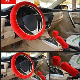 3Pcs Soft Plush Spring Steering Wheel Cover Kit With Stop Lever+Hand Brake Wool Cover Winter Warm Auto Car Interior Accessory